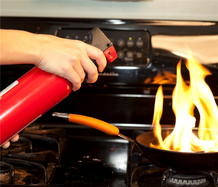 fire extinguisher putting out flame on stove.