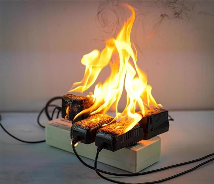 image of electrical chords and power strip on fire 