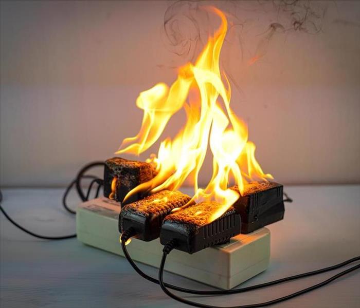 image of electrical chords and power strip on fire