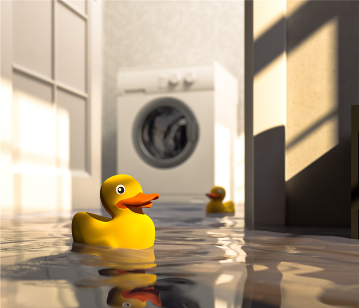 flooded room with rubber ducks